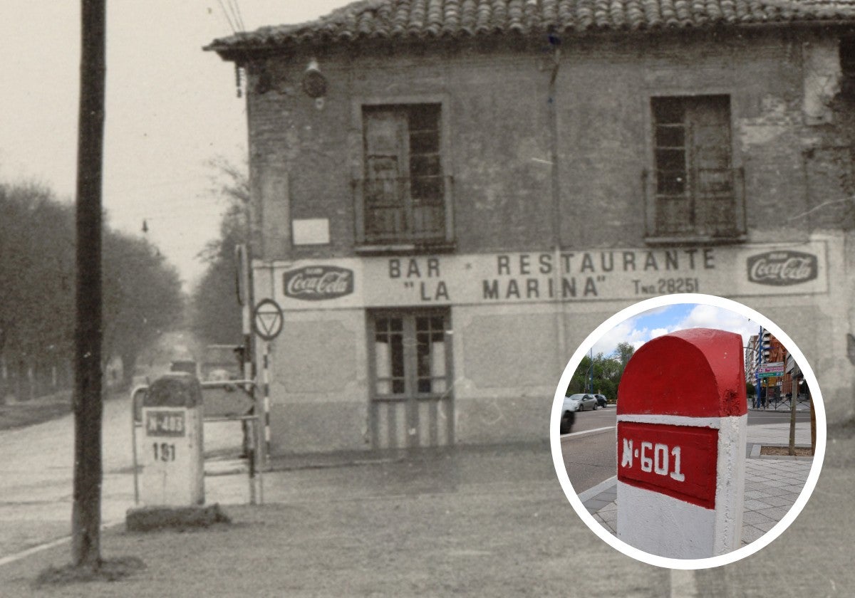 Primer hito histórico del paseo de Isabel la Católica, en una imagen de la década de sesenta. En el círculo, el mismo mojón, en la actualidad.