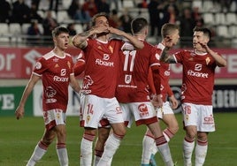 Pedro León celebra el 2-0 ante el Nàstic de Tarragona en la visita al Enrique Roca del equipo catalán en febrero de 2023.