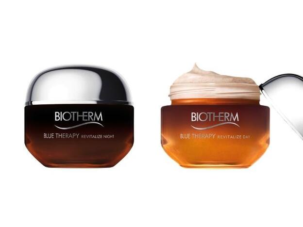 Blue Therapy Amber Algae Revitalize de noche (96 €) y Blue Therapy Amber Algae Revitalize de día (90 €). Ambos de Biotherm.