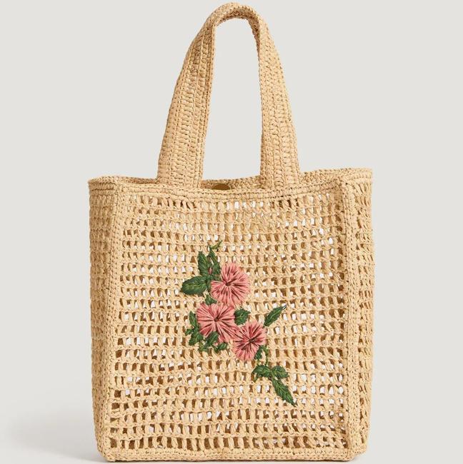 Bolso saco de rafia con flores boradas