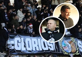 Fondo Sur del Salamanca UDS y, a la derecha, Manuel Lovato y Rafa Dueñas.